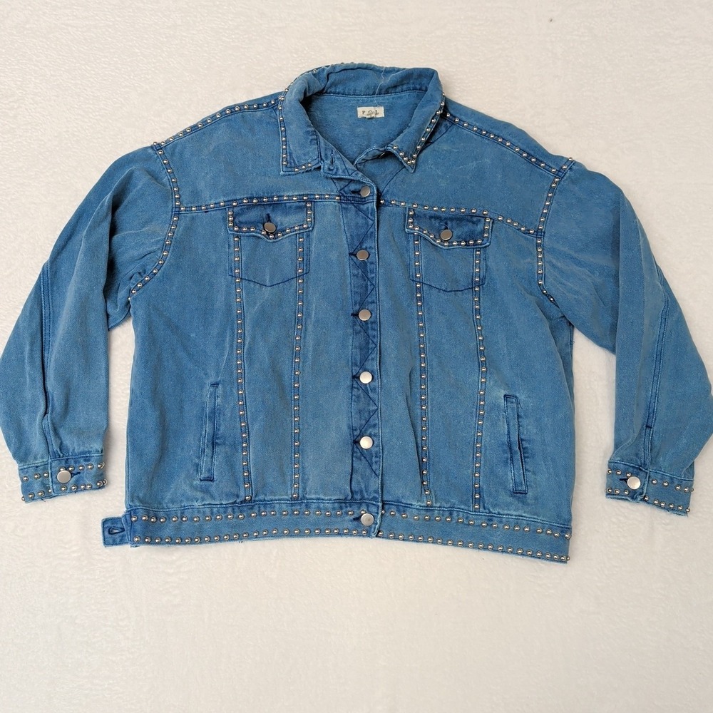 POL Studded Denim Jacket Women's Large Blue Western Boho Festival Rocker Jean